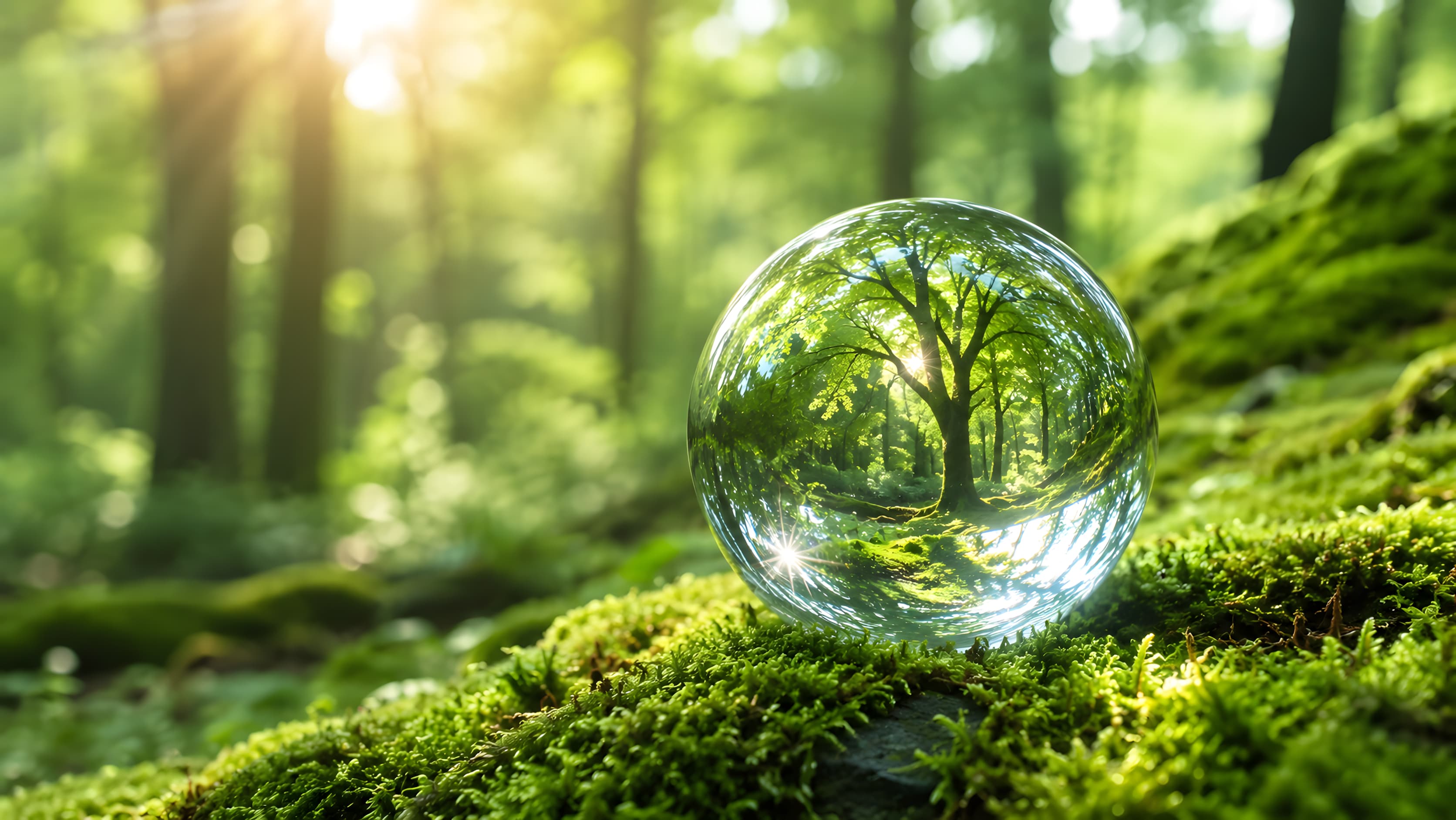 Ein klarer Baum in einer verschwommenen Waldlandschaft, der durch eine Glaskugel deutlich wird.
